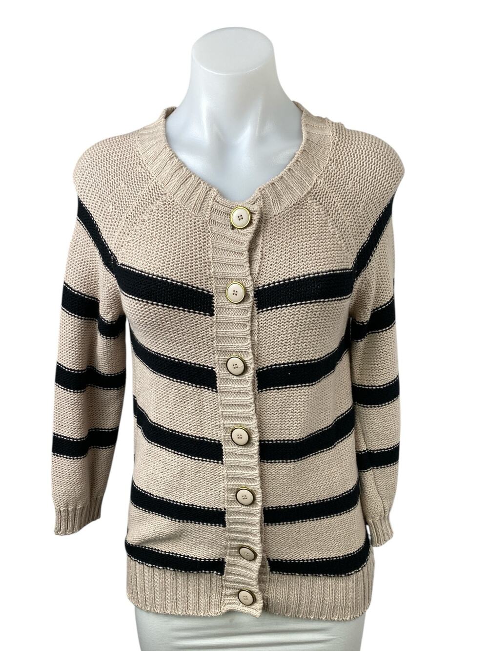 Payton Beige Black Striped Long Sleeve Button Dow Knit Cardigan Sweater Top Sz S